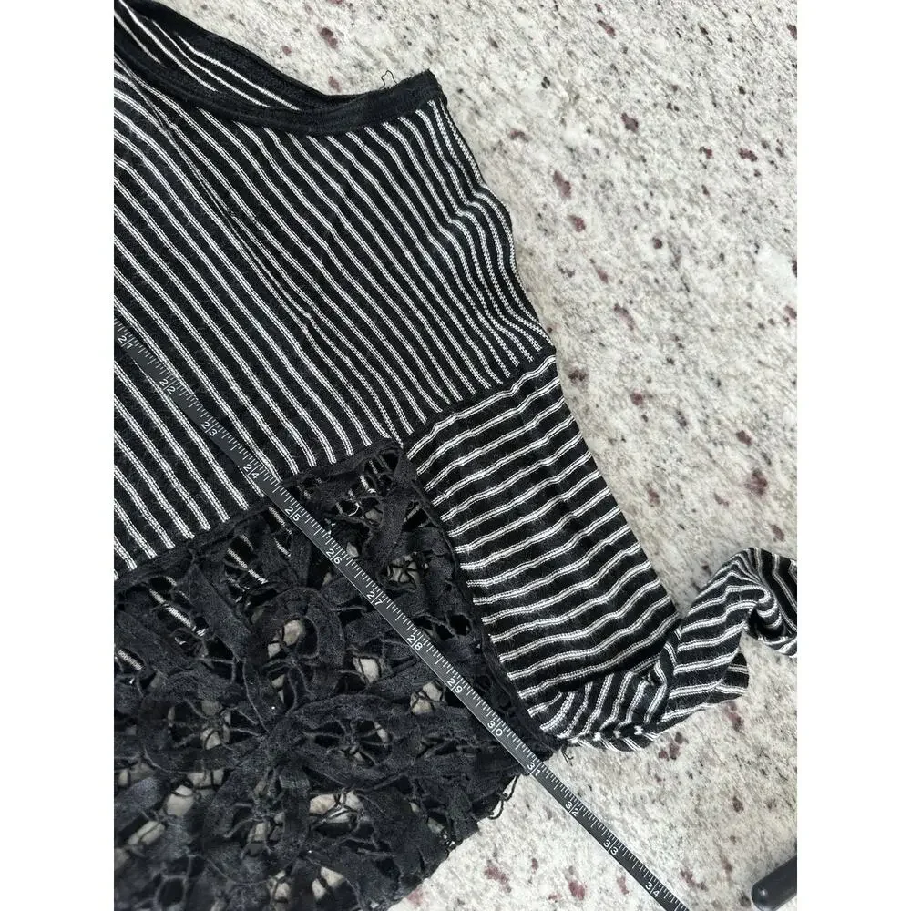Free People Black White Striped Knit Lace Trim Scoop Neck Dolman Tunic L